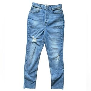 We The Free Light Wash Distressed Button Fly High Rise Raw Hem Skinny Jeans